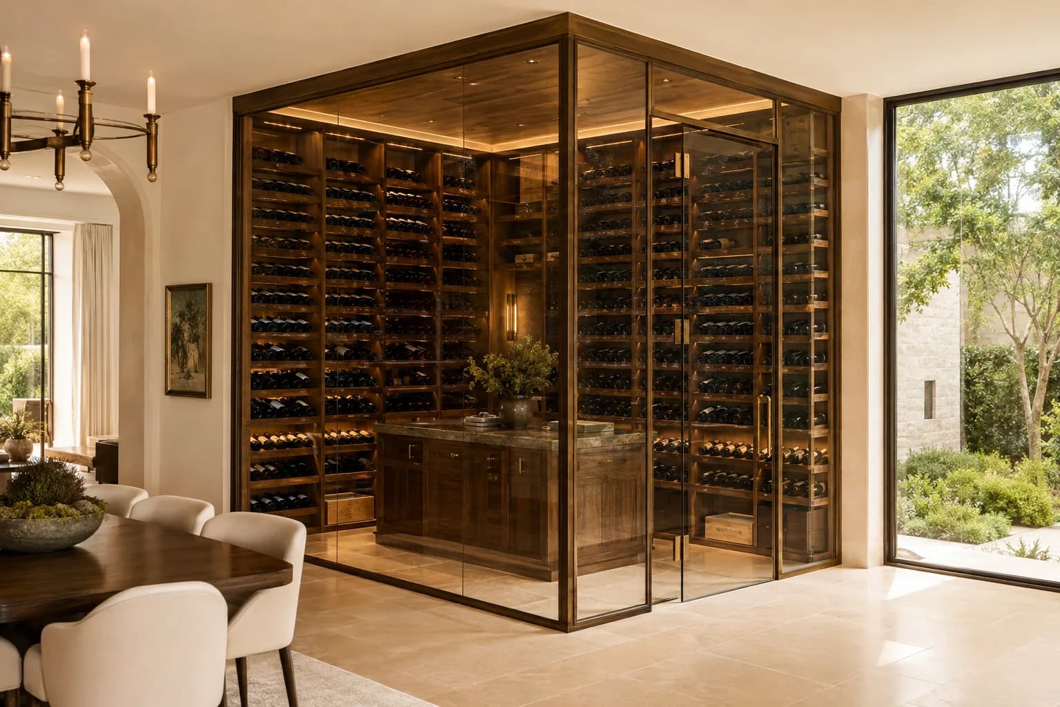 A sunlit glass wine room with walnut bottle racks adjoining a limestone-floored home